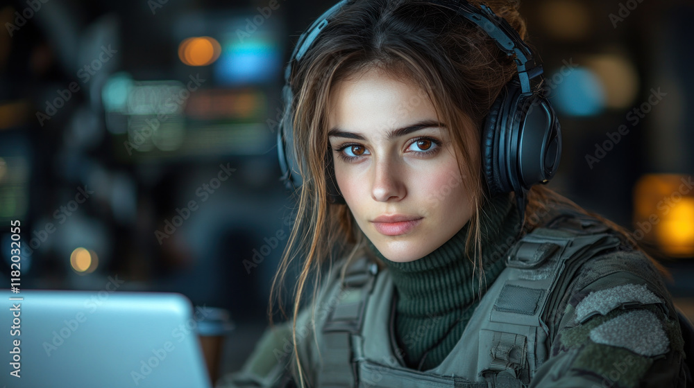 Fototapeta premium Egyptian woman in military uniform and headset working with a laptop at control room