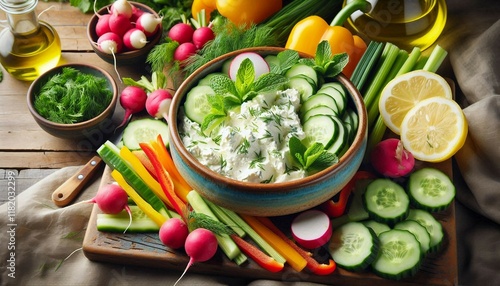 A healthy vegetable platter featuring creamy spread, fresh cucumber, radish, and carrots enhanced with parsley and mint, ideal for wholesome meals, parties, or snacking.

