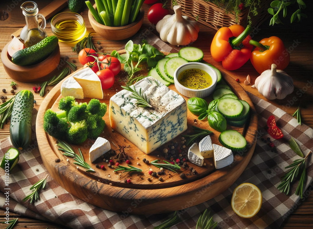 A rustic presentation of fresh vegetables, a variety of cheeses, and herbs on a wooden platter, evoking fresh and wholesome culinary inspiration.
A rustic presentation of fresh vegetables, a variety of cheeses, and herbs on a wooden platter, evoking fresh and wholesome culinary inspiration.