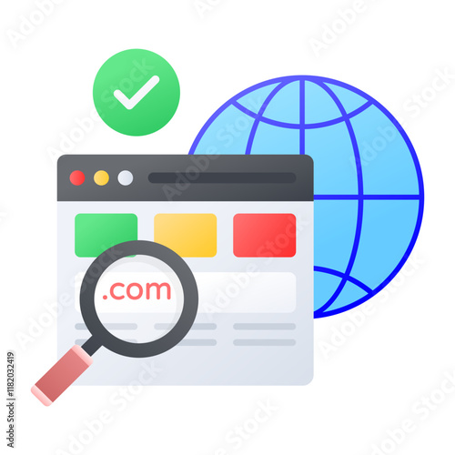 Finding and Search desired .com concept, Domain Name Top TLD finder vector color icon design, Web hosting service Symbol, Computing machines Sign, Internet Application Management stock illustration