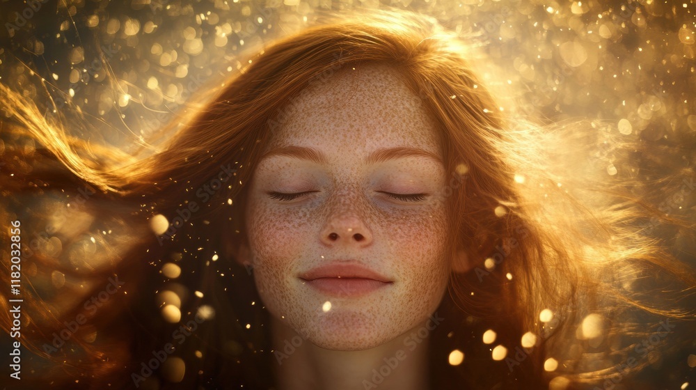 Serene Woman with Freckles and Flowing Hair in Golden Light Serene Woman with Freckles and Flowing Hair in Golden Light