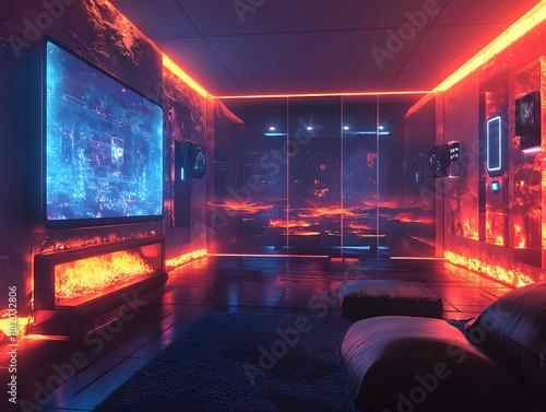 A futuristic living room with a glowing floating fireplace, a VR headset projecting games on a holographic wall—perfect for marketing smart home tech or VR devices, highlighting innovation. photo