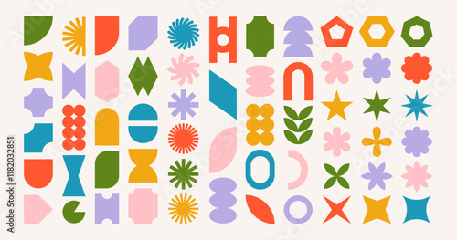 Big set of groovy abstract shapes. Colorful modern brutal forms and figures in 70s 80s pop art style. Y2K retro elements for poster, website or logo design. 