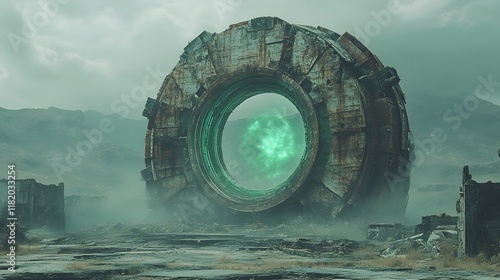 A Colossal Post-Apocalyptic Portal Made from Scrap Metal Radiating Green Energy, Enveloped by a Barren Wasteland and Remnants of Civilization