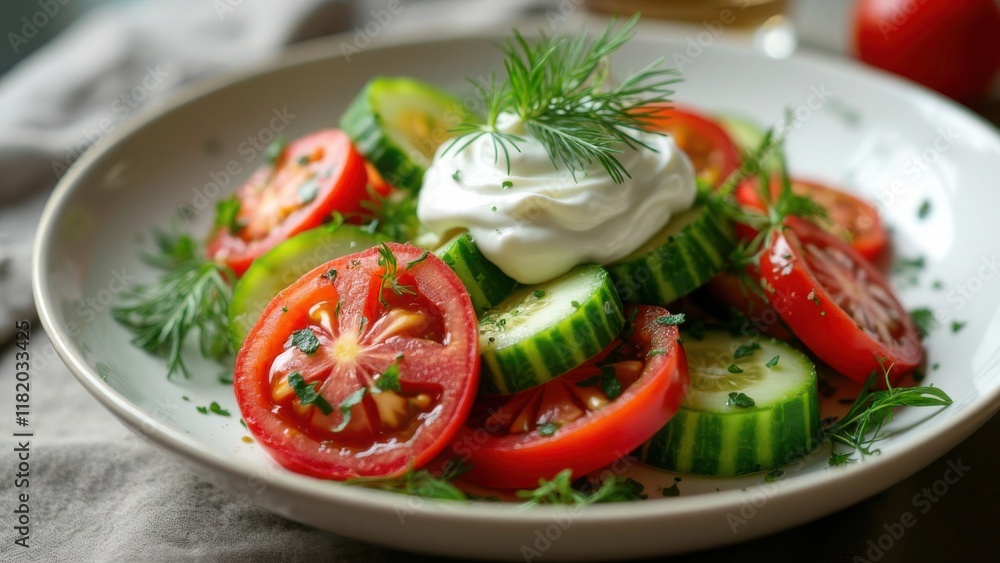 Fresh cucumber and tomato salad, light salad with sour cream dressing Fresh cucumber and tomato salad, light salad with sour cream dressing