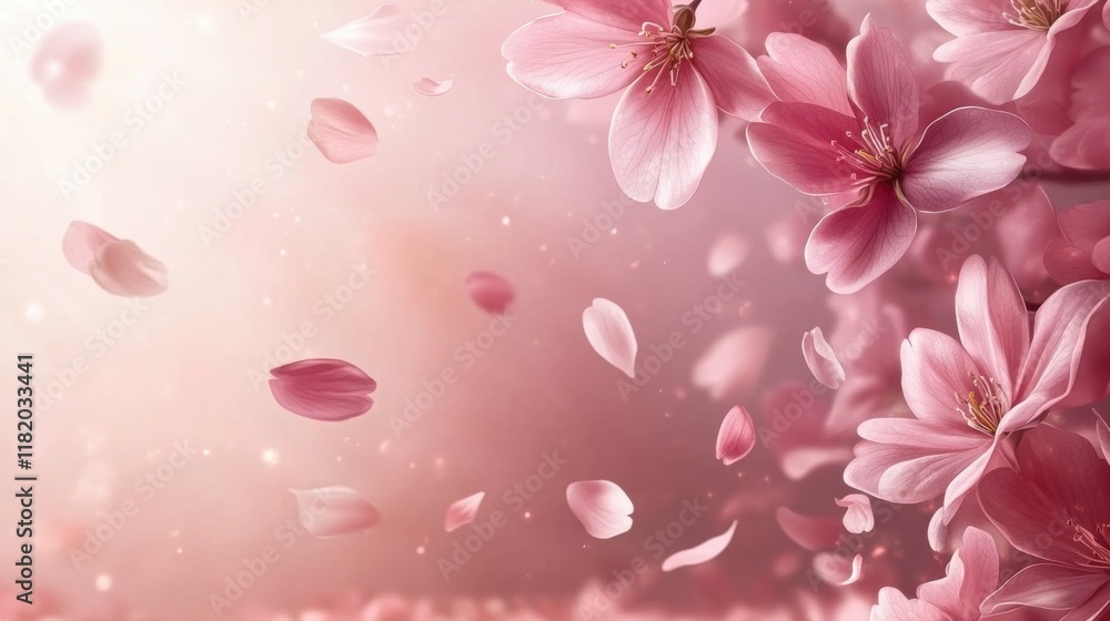 Pink Cherry Blossom Petals Falling Against Soft Blurred Background Pink Cherry Blossom Petals Falling Against Soft Blurred Background