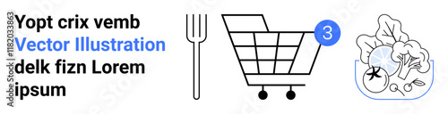 Shopping cart with notification, fork, and vegetables emphasizing online grocery shopping. Ideal for meal planning, healthy eating, kitchen tools, e-commerce, fresh produce, food delivery