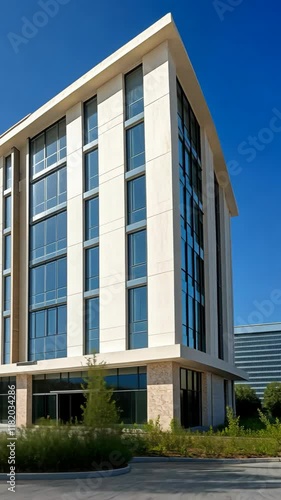 Modern office building with glass windows and a clear blue sky in a business area