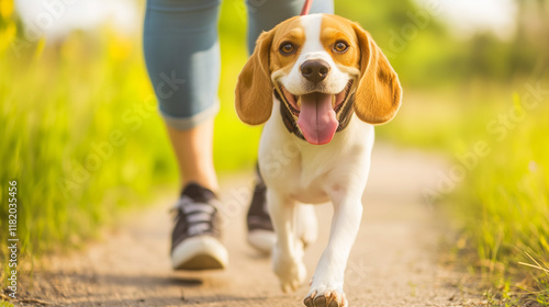 Playful beagle running with smiling owner, enjoying sunny park day, embodying canine energy and companionship