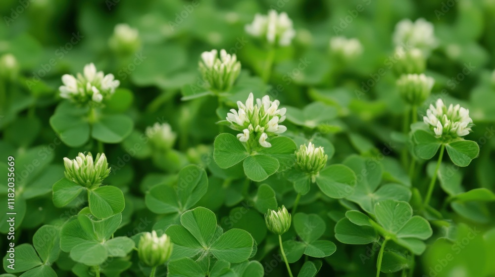 White Clover Blooms Among Lush Green Leaves in Vibrant Nature Scene White Clover Blooms Among Lush Green Leaves in Vibrant Nature Scene
