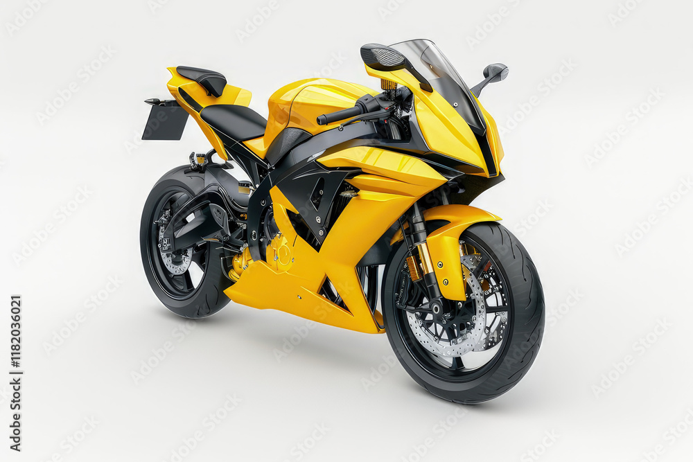 A sleek yellow and black sports motorcycle, showcasing modern design and performance features. isolated on white background A sleek yellow and black sports motorcycle, showcasing modern design and performance features. isolated on white background