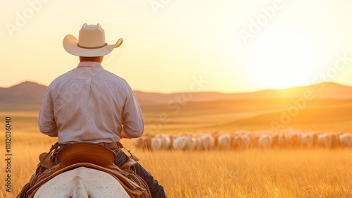 A cattle rancher on horseback guiding a herd of cattle across the open plains in Texas, with rugged hills in the background