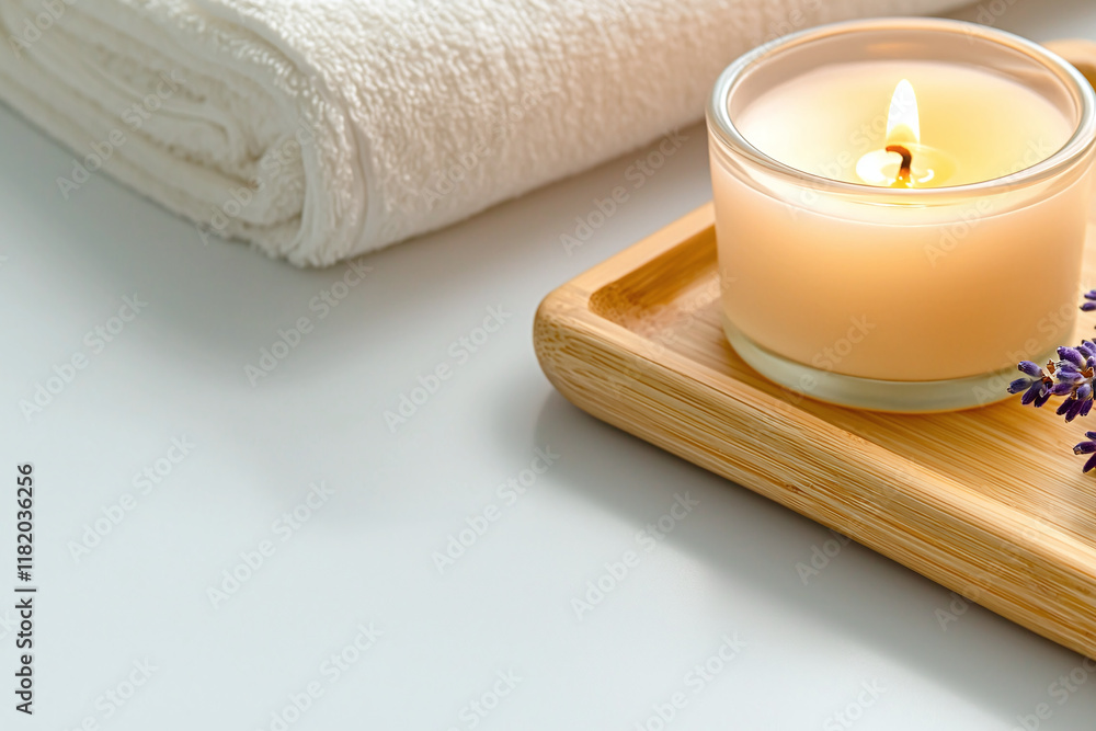 natural flat lay featuring bamboo tray, lit candle, and white towel, creating serene and calming atmosphere perfect for relaxation natural flat lay featuring bamboo tray, lit candle, and white towel, creating serene and calming atmosphere perfect for relaxation