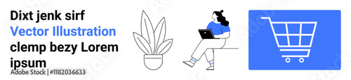 Computer user, text, potted plant, blue shopping cart. Ideal for online shopping, e-commerce, website design, marketing, user interface, digital business, technology. Landing page