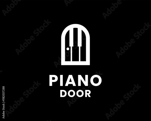 Piano Keyboard Orchestra Music Instrument with Door Doorway Vector Logo Design Illustration