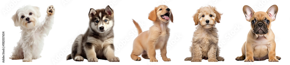 PNG Adorable puppies posing together, element set on transparent background PNG Adorable puppies posing together, element set on transparent background