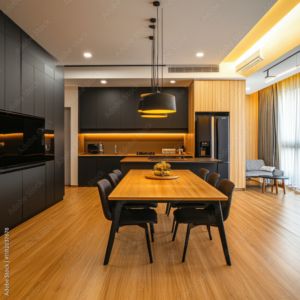 Fototapeta premium Modern kitchen with multifunctional spaces, sleek design, and warm lighting