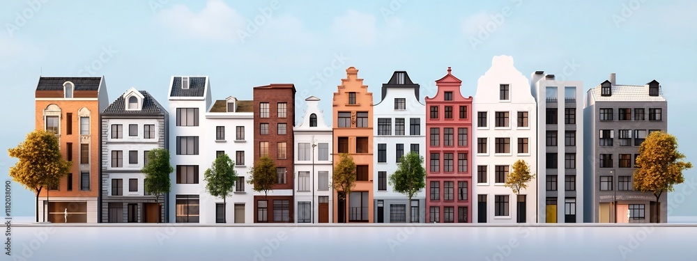 Obraz premium Vibrant Architectural Cityscape Showcasing Diverse Building Facades in a Charming Urban Neighborhood