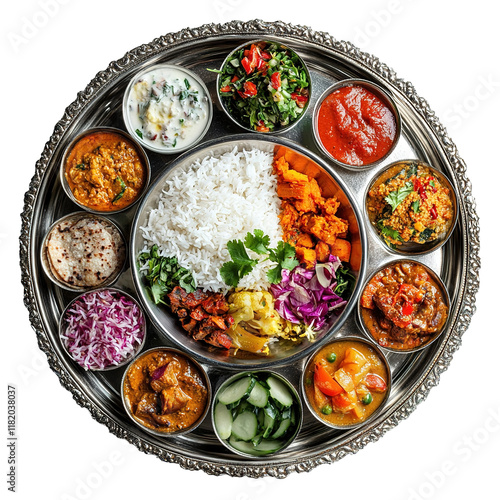 A traditional Indian Thali platter featuring a variety of curries rice vegetables and chutn photo