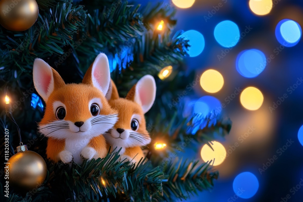 Fox and Rabbit Christmas Tree Ornament - Adorable fox and rabbit figurines nestled amongst Christmas tree branches, symbolizing friendship, holiday cheer, winter wonderland, playful spirit, and festiv Fox and Rabbit Christmas Tree Ornament - Adorable fox and rabbit figurines nestled amongst Christmas tree branches, symbolizing friendship, holiday cheer, winter wonderland, playful spirit, and festiv