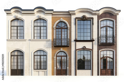 A facade showcasing diverse architectural styles with large windows and decorative elements. isolated on white background
