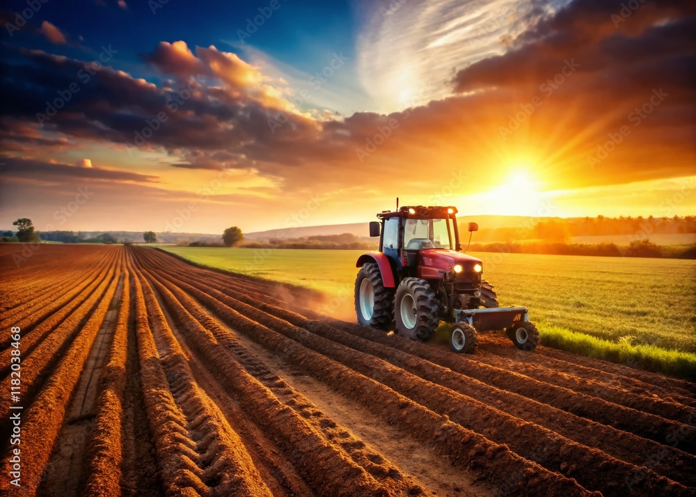 Obraz premium Rural Farmer Preparing Rice Paddy Field with Small Tractor - Agricultural Scene