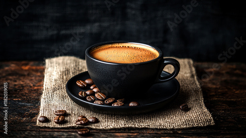 Dark Espresso Coffee in Black Cup on Rustic Wooden Table, Coffee Beans, Close-up