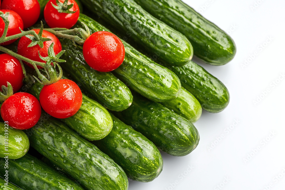 Fresh cucumbers and cherry tomatoes arranged together, showcasing vibrant colors and textures. Perfect for salads or healthy snacks Fresh cucumbers and cherry tomatoes arranged together, showcasing vibrant colors and textures. Perfect for salads or healthy snacks