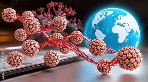 A digital representation of viruses interconnected, with a globe in the background, symbolizing global health concerns and the spread of infectious diseases.