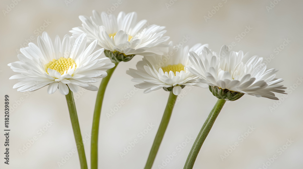 Elegant close-up of three pristine white daisies, stems and blossoms, soft light background.