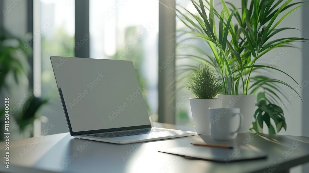 custom made wallpaper toronto digitalWorkspace laptop computer, tablet, pencil and coffee cup with plant pot on modern office table.