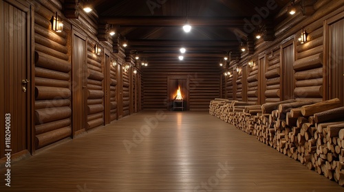 Warm wooden interior of a Russian banya with a burning stove, wood pile, and towels, creating a serene spa environment for relaxation photo