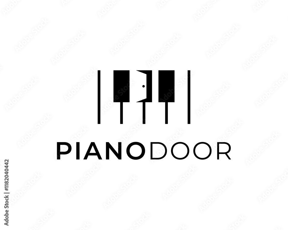Fototapeta premium Piano Keyboard Orchestra Music Instrument with Open Door Doorway Vector Logo Design Illustration