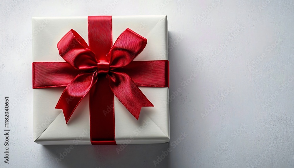 An elegant gift box wrapped in white with a vibrant red satin bow, ideal for celebrations, holidays, and special occasions requiring a joyful presentation. An elegant gift box wrapped in white with a vibrant red satin bow, ideal for celebrations, holidays, and special occasions requiring a joyful presentation.