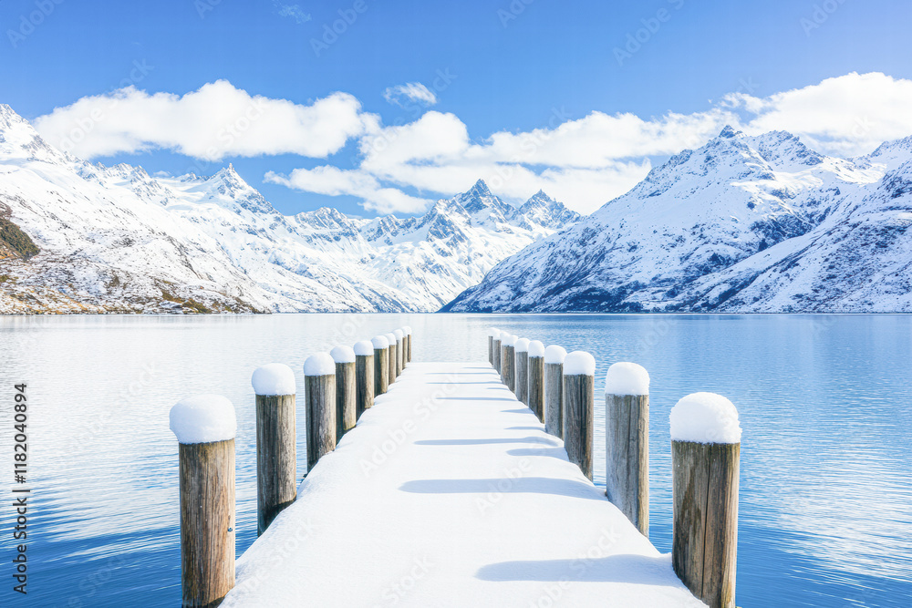 Naklejka premium Serene winter landscape with snow-capped mountains dock tranquil lake