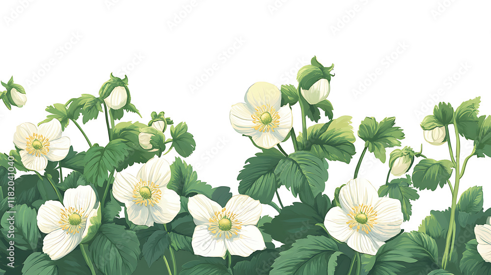 Obraz premium A vibrant illustration of flowering plants with green leaves, showcasing nature's beauty.