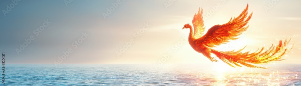 Fototapeta premium A vibrant phoenix rises from shimmering waters, symbolizing rebirth and transformation against a luminous sky.