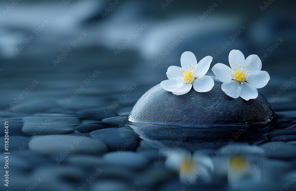 Two delicate white flowers resting on a smooth stone surrounded by calm water, evoking tranquility and serene beauty.
