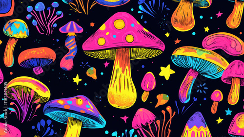 Magic mushrooms. Psychedelic hallucination. Vibrant vector illustration. 60s hippie colorful background, hippie and boho texture. Ttrippy wallpaper