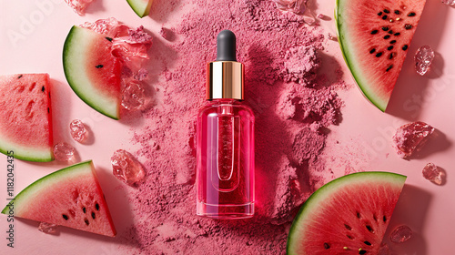 A cosmetic serum bottle surrounded by watermelon and pink powder, highlighting skincare ingredients