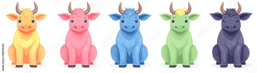 Fototapeta premium Colorful cartoon cows sitting together farm illustration playful front view