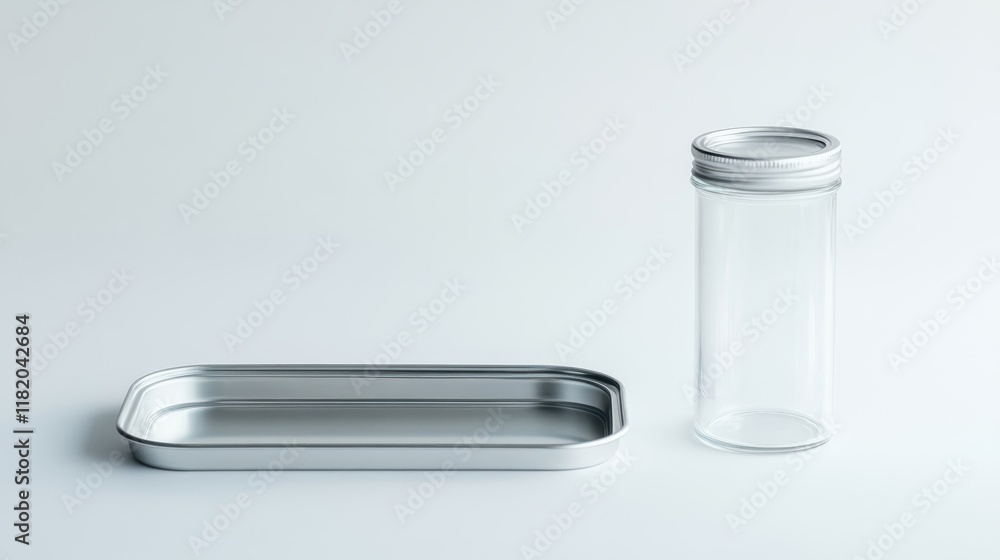 Clear Container and Metal Tray on Minimalist Surface Clear Container and Metal Tray on Minimalist Surface