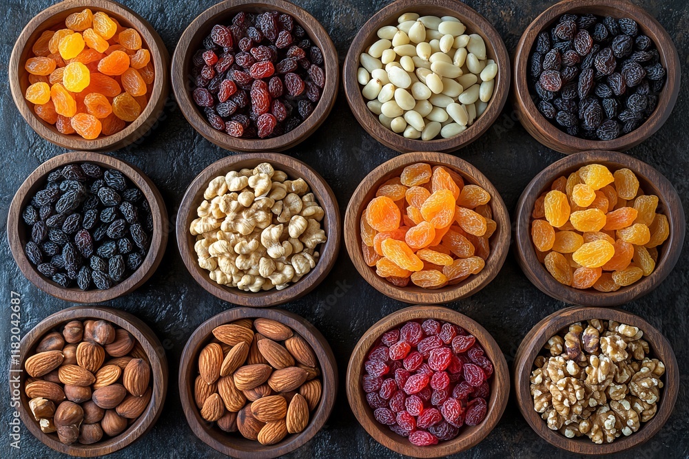 Assorted Dried Fruits and Nuts in Wooden Bowls
Assorted Dried Fruits and Nuts in Wooden Bowls