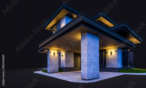 3d rendering of modern two story house with gray and wood accents, large windows, parking space in the right side of the building in night isolated on black