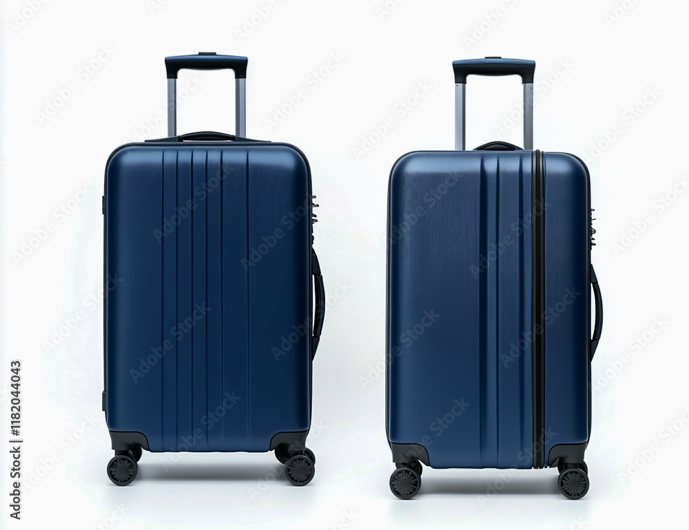 A matte blue travel suitcase with smooth rolling wheels, featuring both front and back views, isolated on a clean white background, A matte blue travel suitcase with smooth rolling wheels, featuring both front and back views, isolated on a clean white background,