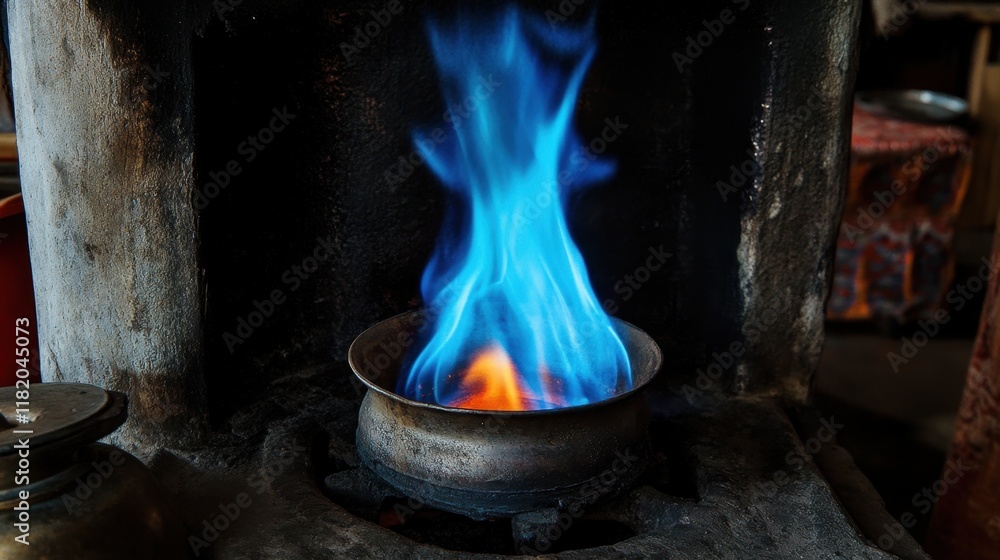 Vibrant Blue and Orange Flame Erupting from Metal Pot on Stove Vibrant Blue and Orange Flame Erupting from Metal Pot on Stove