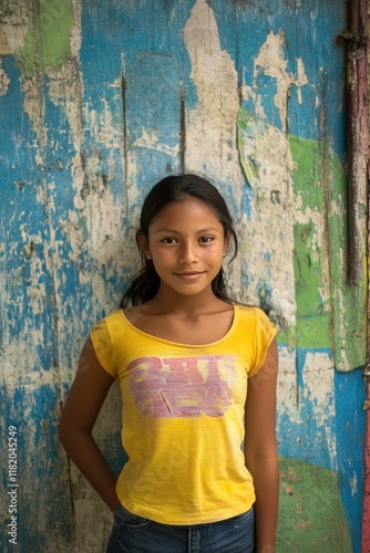 Portrait of a Young Girl Smiling Against a Colorful Wall Background