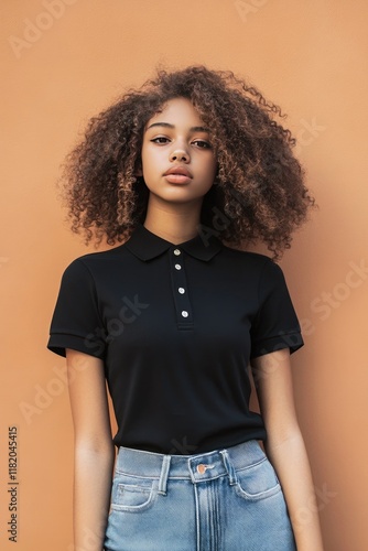 Young Woman with Curly Hair Posing Against a Warm Colored Wall