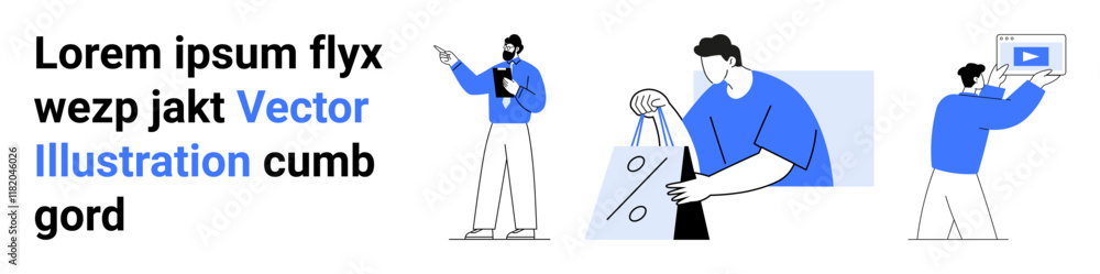 Three figures engaged in various business activities, including an office presentation, holding shopping bags with the percentage sign, and displaying video content. Ideal for marketing, advertising Three figures engaged in various business activities, including an office presentation, holding shopping bags with the percentage sign, and displaying video content. Ideal for marketing, advertising