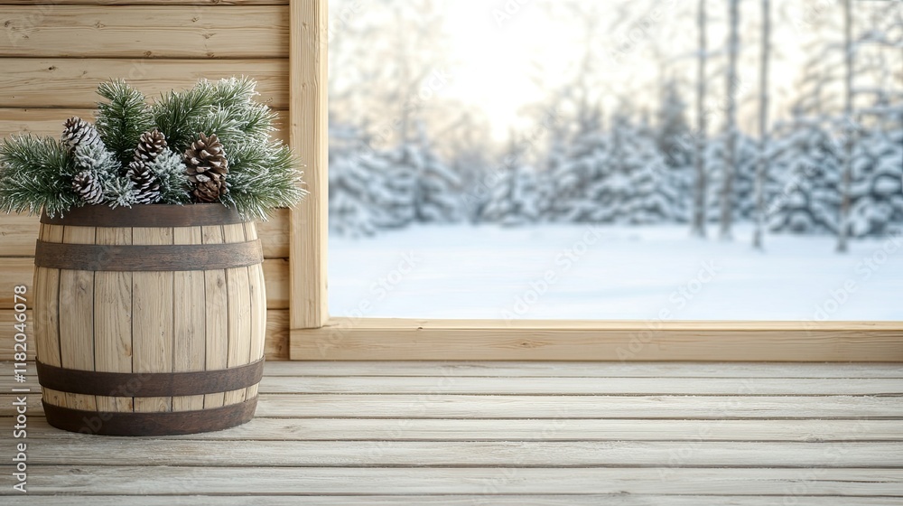 Experience tranquility in a traditional steam room surrounded by a winter wonderland of snow and trees, perfect for relaxation